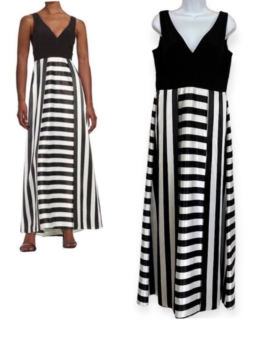 Betsy & Adam Black White Sleeveless V-Neck Gown Formal Dress Size 8-20 Stripe